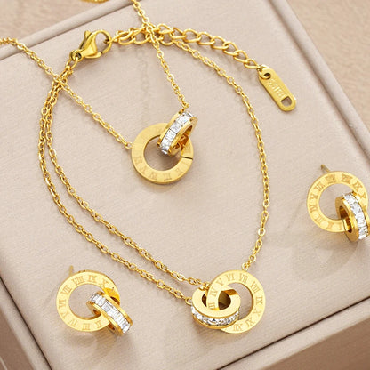 4Pcs/Set Gold Color Stainless Steel Crystal Necklace Bracelet Earrings for Women Interlocking Circles Roman Numbers Jewelry Sets