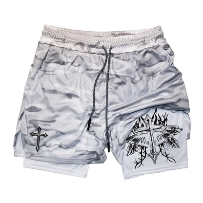 Graphic 2 in 1 Workout Running Shorts for Men Christian Athletic Performance Shorts with Phone Pocket Towel Loop Gym Outfits