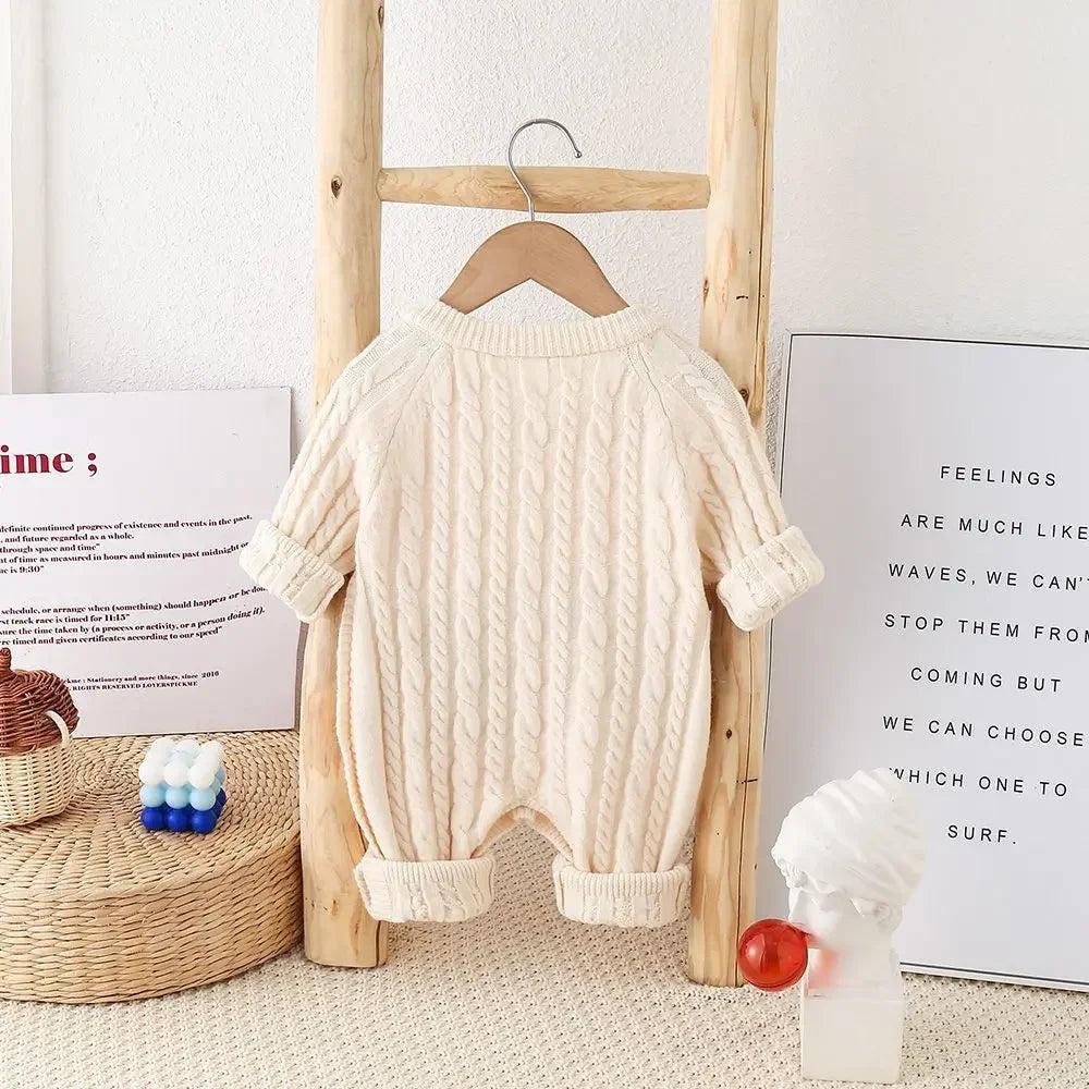 Toddler Baby Clothes Cable Romper 0-24M Newborn Boys Girls Warm Knitted Onesie Elastic Cuff Button Side Autumn Casual Jumpsuit