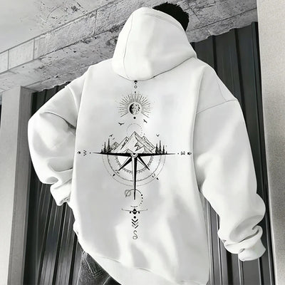 Vintage Compass Print Hoodies for Men High Quality Hooded Long Sleeve Pullover All Season Daily Casual Sports Tops Men's Clothes