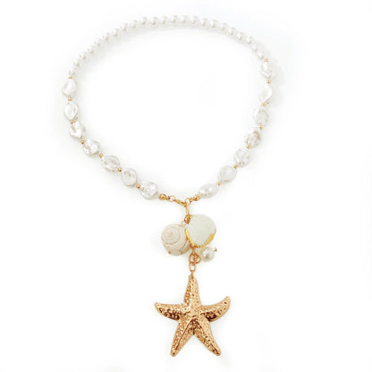 MHS.SUN Summer Shell Starfish Conch Pendant Necklace for Women Bohemian Metal Gold Color Chic Beach Jewelry Vacation Party Gift