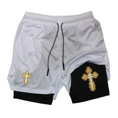Cross Graphic 2in1 Fitness Gym Performance Shorts Men Christian Sport Quick Dry Breathable Workout Running Shorts with Pocket