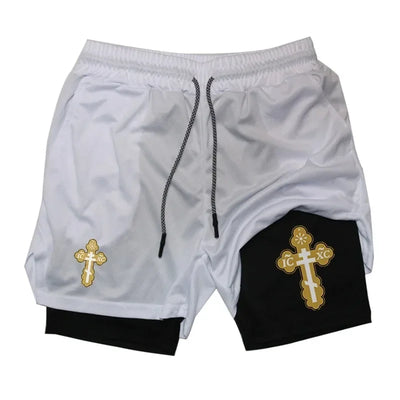Cross Graphic 2in1 Fitness Gym Performance Shorts Men Christian Sport Quick Dry Breathable Workout Running Shorts with Pocket