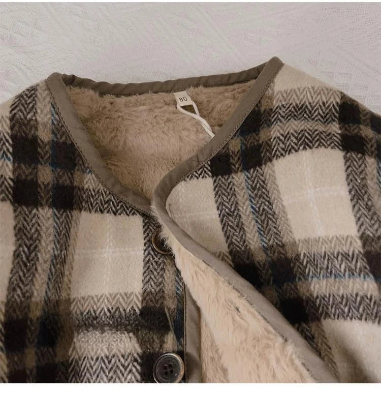 Woolen Plaid Children's Plush Coat Korean Version Autumn and Winter New Boys' and Girls' Coats Loose Baby Cotton Padded Clothes