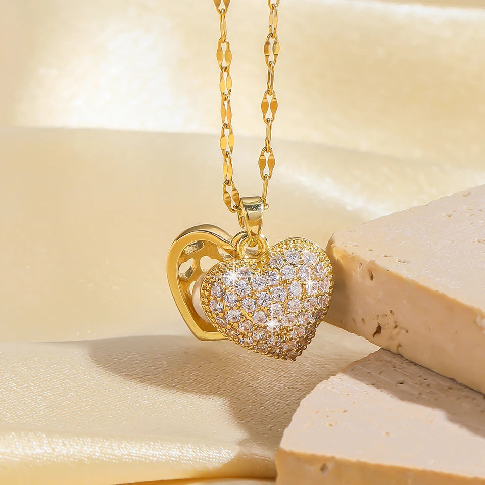 ZAKOL French Shell Pearl Necklace For Women Gold Color Stainless Steel Zircon Love Heart Clavicle Chain Choker Wedding Jewelry