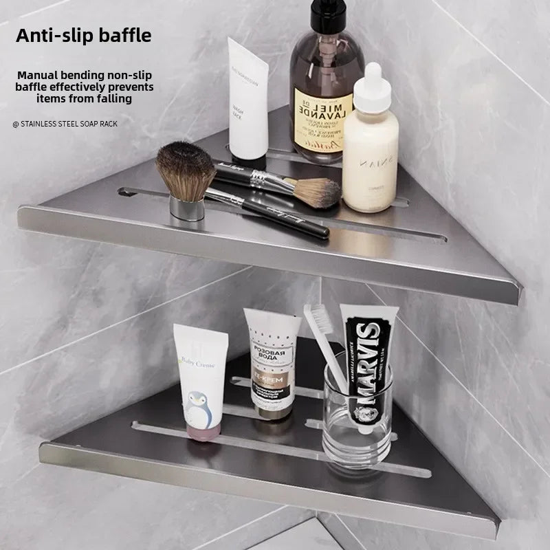 Bathroom Stainless Triangle Drain Shelf No Drilling Wall Mounted Cosmetic and Toiletries Carbon Steel Shelf with Hooks Holder