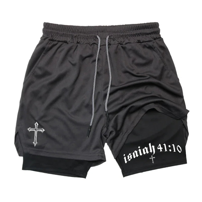 Men's BiBible patterned two-in-one sports shorts Christian fitness training mobile phone pocket running
