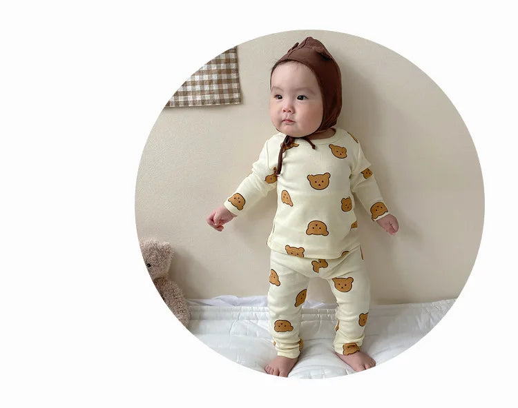 0-3Y High Waist Unisex Baby Pajama Suit Toddler Boys Cute Bear Sleep Wear Infant Pajama Girls Cartoon Print Night Wear