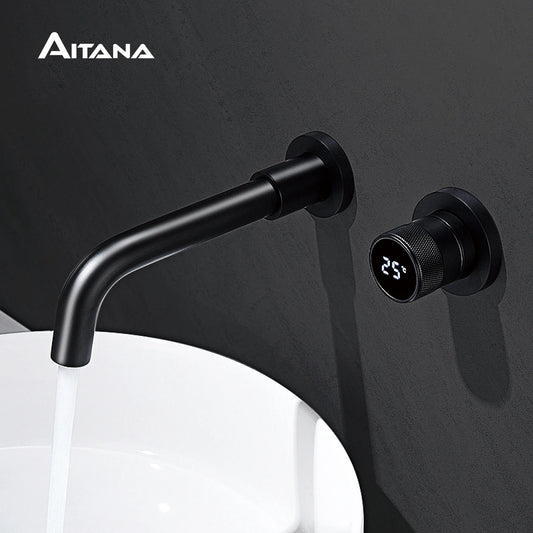 Black brass bathroom faucet Hidden intelligent digital display design Single handle 2 hole Cold & Hot dual-control basin faucet