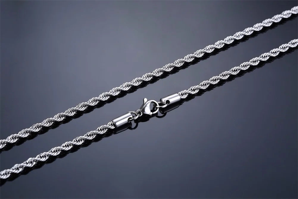 Ropes Long Necklace for Men Women,Stainless Steel Minimalist Twist Rope Chain Necklace,Punk Gold Silver Black Color 2 TO 5mm