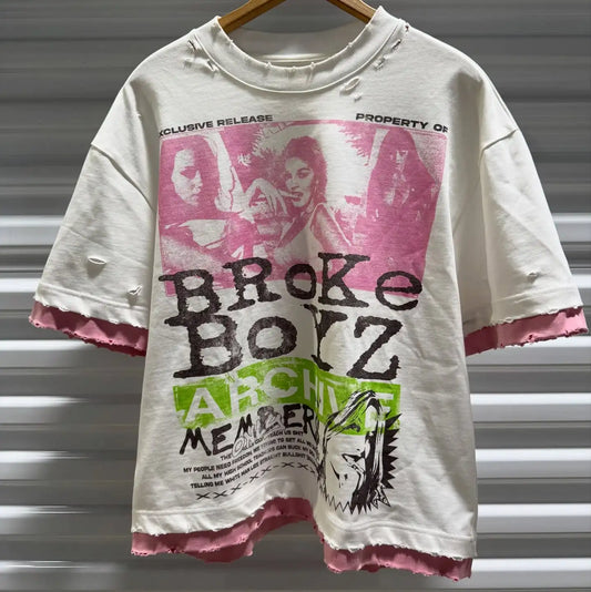 New Y2k Streetwear Splicing T Shirt Fashionable Hip Hop Graffiti Graphic Shirt Printing Ripped Design Retro Oversized Loose Tops