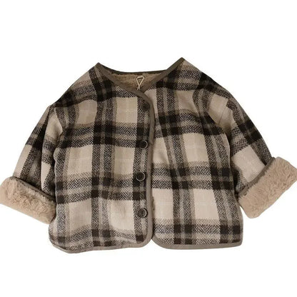 Woolen Plaid Children's Plush Coat Korean Version Autumn and Winter New Boys' and Girls' Coats Loose Baby Cotton Padded Clothes