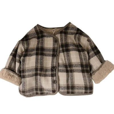 Woolen Plaid Children's Plush Coat Korean Version Autumn and Winter New Boys' and Girls' Coats Loose Baby Cotton Padded Clothes