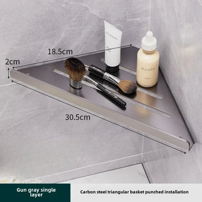 Bathroom Stainless Triangle Drain Shelf No Drilling Wall Mounted Cosmetic and Toiletries Carbon Steel Shelf with Hooks Holder