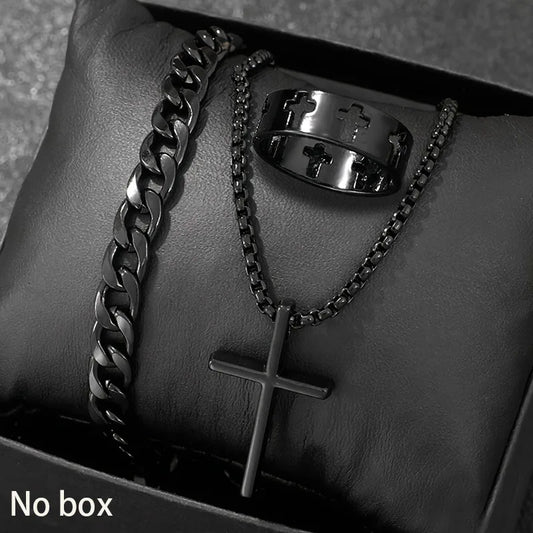 Men's 3pcs Fashion Alloy Jewelry Set - Cross Pendant Necklace, Bracelet & Ring Combo