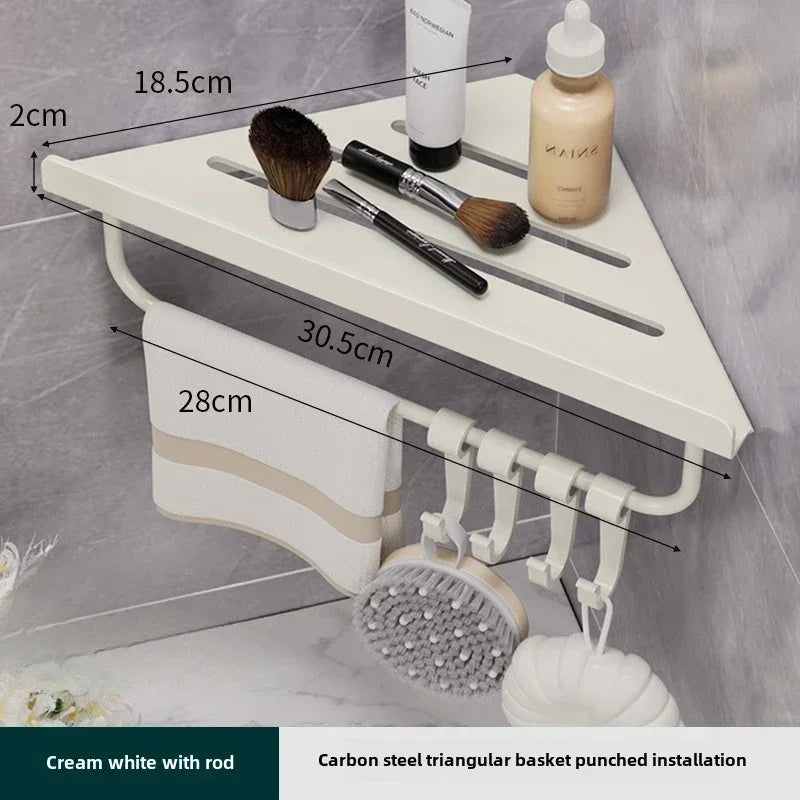 Bathroom Stainless Triangle Drain Shelf No Drilling Wall Mounted Cosmetic and Toiletries Carbon Steel Shelf with Hooks Holder