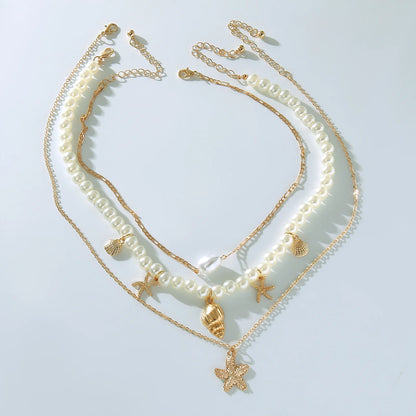 MHS.SUN Summer Shell Starfish Conch Pendant Necklace for Women Bohemian Metal Gold Color Chic Beach Jewelry Vacation Party Gift