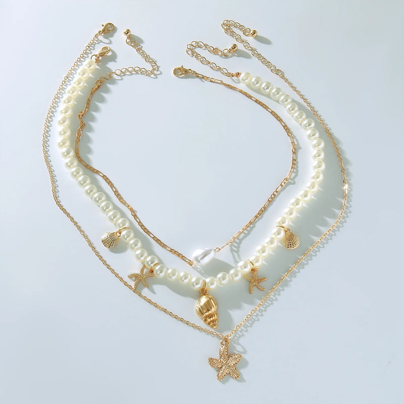 MHS.SUN Summer Shell Starfish Conch Pendant Necklace for Women Bohemian Metal Gold Color Chic Beach Jewelry Vacation Party Gift