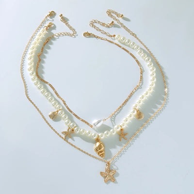 MHS.SUN Summer Shell Starfish Conch Pendant Necklace for Women Bohemian Metal Gold Color Chic Beach Jewelry Vacation Party Gift