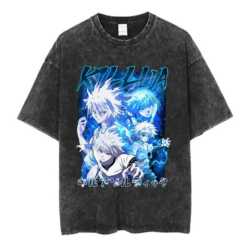 Anime Hunter X Hunter Logo Vintage Washed T Shirt Killua Gon Cherry Blossom Graphic T-shirt Men Fashion Casual Oversized Tshirt