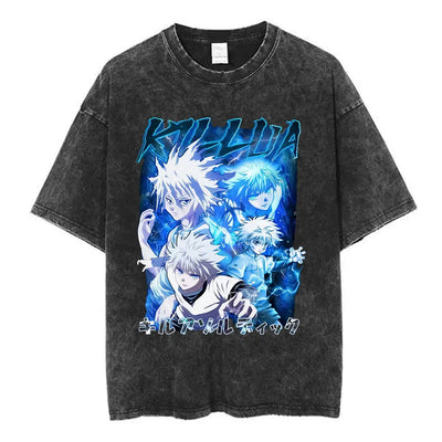 Anime Hunter X Hunter Logo Vintage Washed T Shirt Killua Gon Cherry Blossom Graphic T-shirt Men Fashion Casual Oversized Tshirt