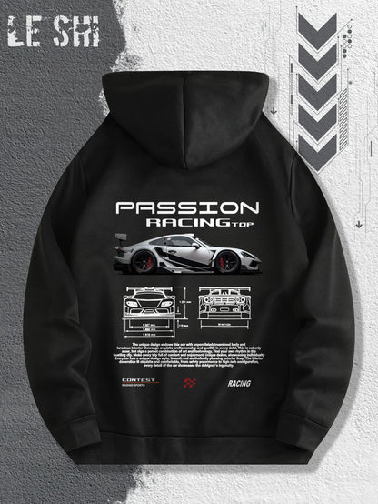 Men'S Passionate Racing Graphic Hoodie Featuring Race Cars and Sports Car Illustrations, Perfect for Everyday Wear
