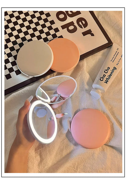 Makeup mirror portable portable small mirror with light led makeup mirror pocket mini handheld luminous folding round mirror