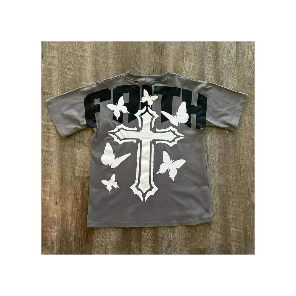 Y2K Hip Hop Letter Retro Cross Graphic Print Streetwea Oversized T-shirt Men's Round Neck Cotton Breathable Short Sleeve Tops