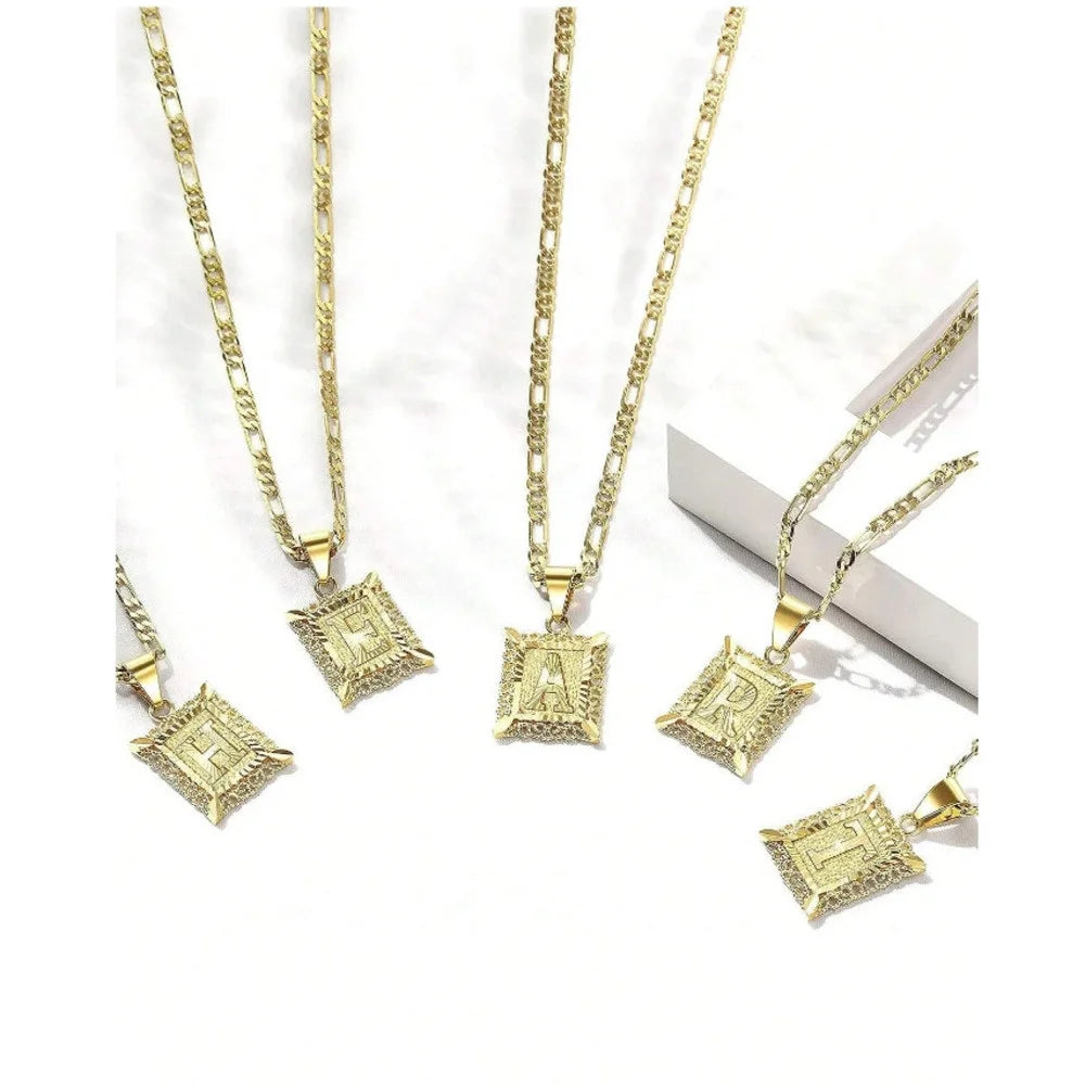 Initial Necklace Square Letter Pendant Necklace Capital Monogram Necklace Alhpabets From A-Z Figaro Chain Necklace
