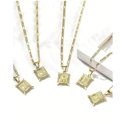 Initial Necklace Square Letter Pendant Necklace Capital Monogram Necklace Alhpabets From A-Z Figaro Chain Necklace