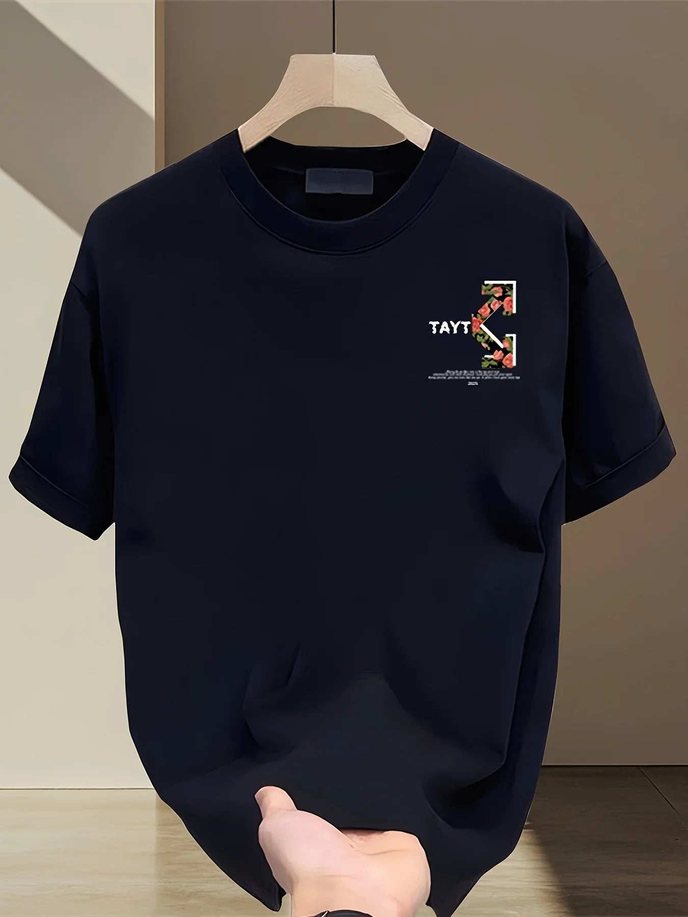 Cotton Graphic Tee 100 Cotton Men's Graphic T Shirt Heavyweight Black Geometric Floral Print with Pink Roses Green Leaves