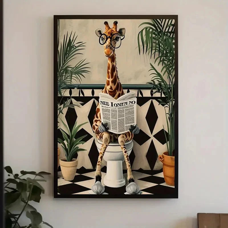 Giraffe Reading Newspaper Wall Art Prints Canvas Painting Poster Picture For Living Dining Play Room Home Decor