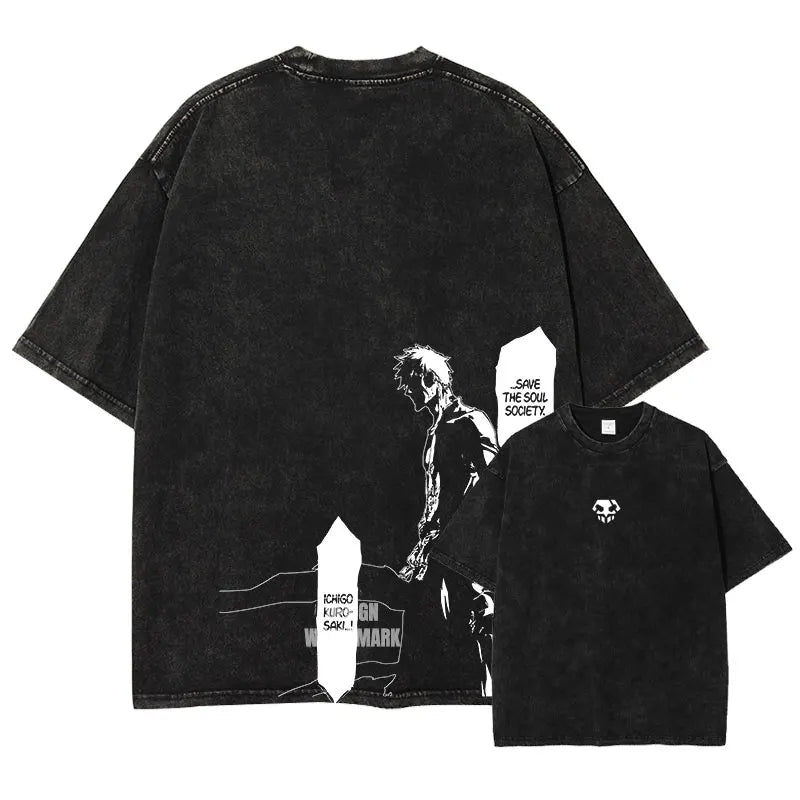 Anime Zaraki Kenpachi T Shirts Oversized Vintage Washed B-Bleach T-shirt Manga Kurosaki Ichigo T Shirt Renji Uryuu Tops Tees Man