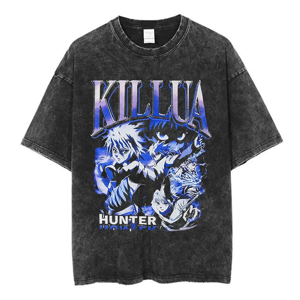 Anime Hunter X Hunter Logo Vintage Washed T Shirt Killua Gon Cherry Blossom Graphic T-shirt Men Fashion Casual Oversized Tshirt