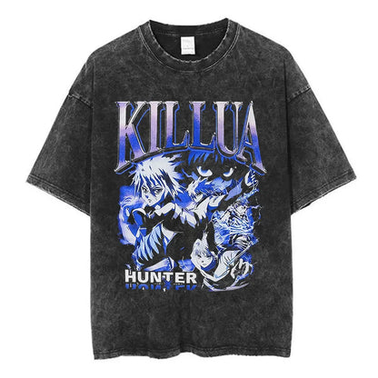 Anime Hunter X Hunter Logo Vintage Washed T Shirt Killua Gon Cherry Blossom Graphic T-shirt Men Fashion Casual Oversized Tshirt
