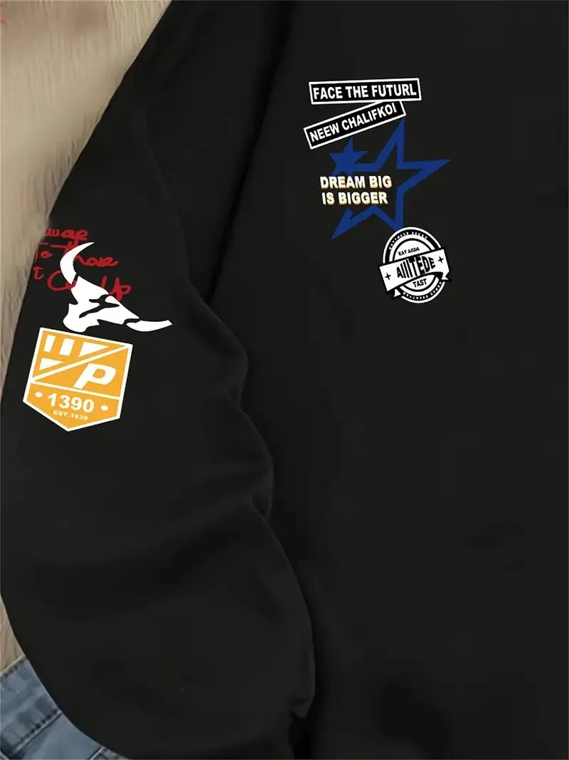 The new men's round-neck hoodie for Spring and Autumn 2025 features a street casual and fashionable 3D letter pattern print