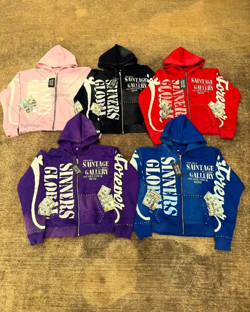 Casual Fashion Harajuku Letter Print Oversized Zipper Hoodie Men Y2K 2025 New American Hip-hop Rock Retro Loose Sweatshirt Women