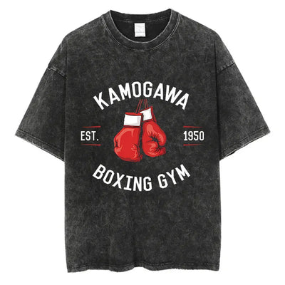 Vintage Cotton Washed T-Shirt Anime Hajime No Ippo Kamogawa Boxing Gym Loose T Shirts Men Women Y2K Hip Hop Summer Top Tee