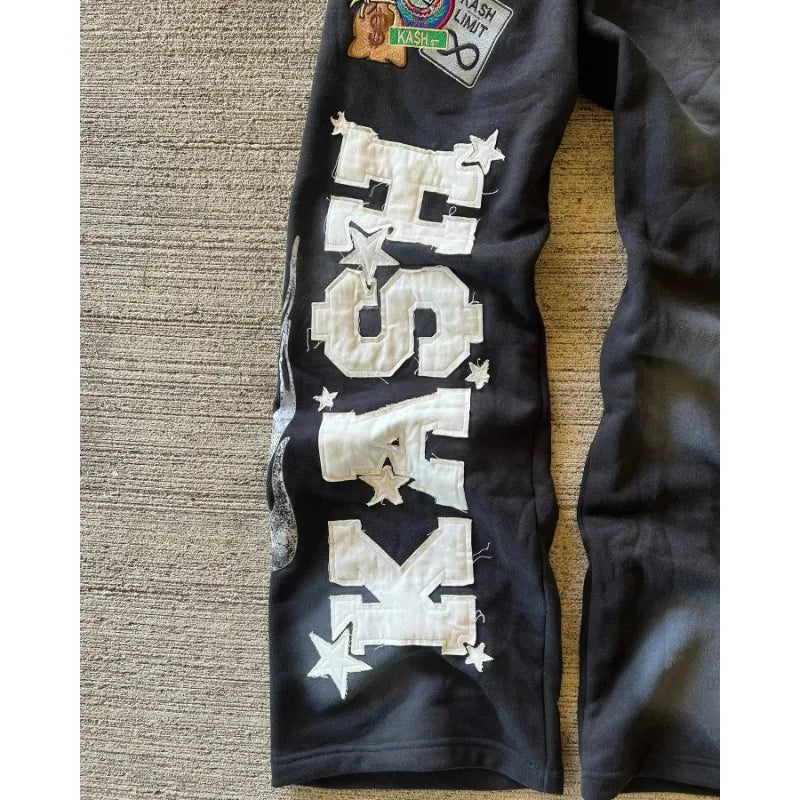 American Sweatpants Y2K Pants Men Gothic Hip Hop Letter Patch Retro Double Layer Design Baggy Elastic Waist Jogging Casual Pants