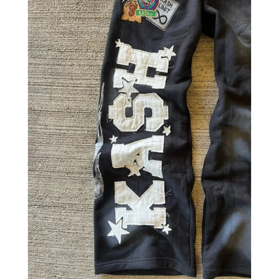 American Sweatpants Y2K Pants Men Gothic Hip Hop Letter Patch Retro Double Layer Design Baggy Elastic Waist Jogging Casual Pants