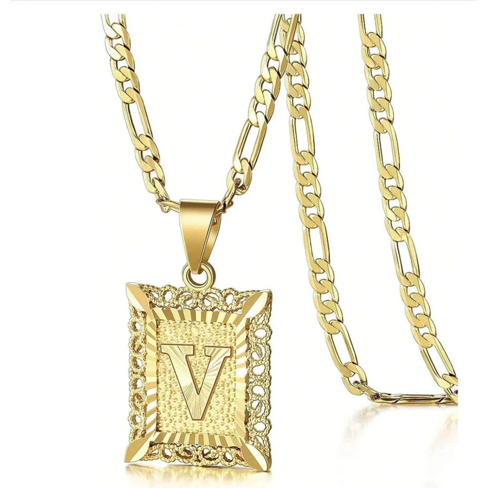 Initial Necklace Square Letter Pendant Necklace Capital Monogram Necklace Alhpabets From A-Z Figaro Chain Necklace
