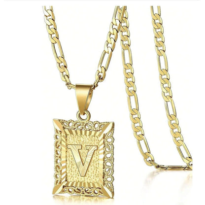 Initial Necklace Square Letter Pendant Necklace Capital Monogram Necklace Alhpabets From A-Z Figaro Chain Necklace