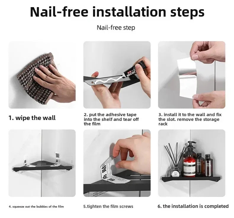 Bathroom Stainless Triangle Drain Shelf No Drilling Wall Mounted Cosmetic and Toiletries Carbon Steel Shelf with Hooks Holder