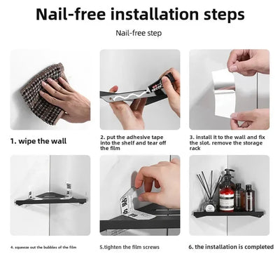 Bathroom Stainless Triangle Drain Shelf No Drilling Wall Mounted Cosmetic and Toiletries Carbon Steel Shelf with Hooks Holder