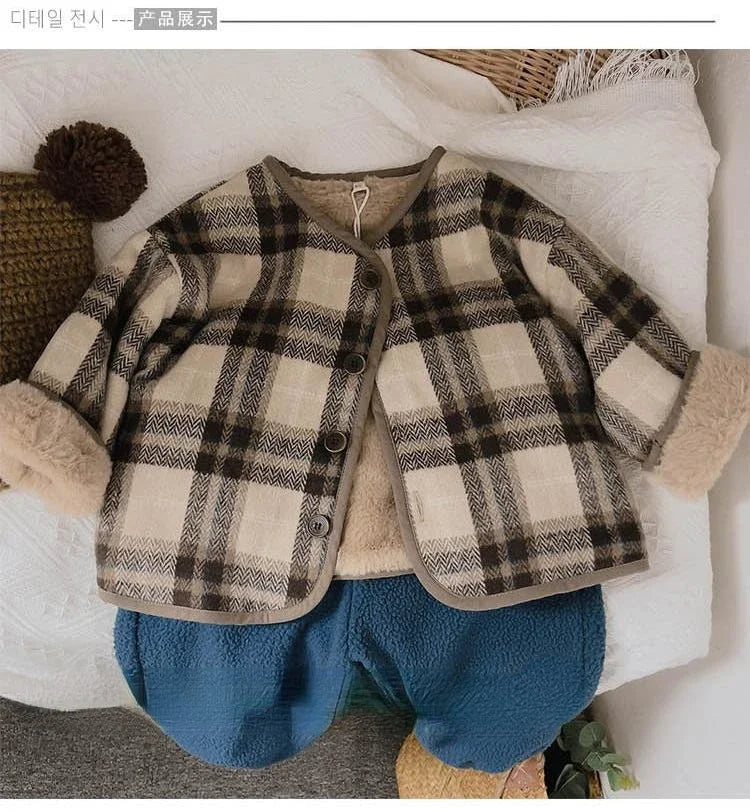 Woolen Plaid Children's Plush Coat Korean Version Autumn and Winter New Boys' and Girls' Coats Loose Baby Cotton Padded Clothes
