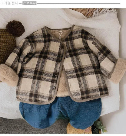 Woolen Plaid Children's Plush Coat Korean Version Autumn and Winter New Boys' and Girls' Coats Loose Baby Cotton Padded Clothes