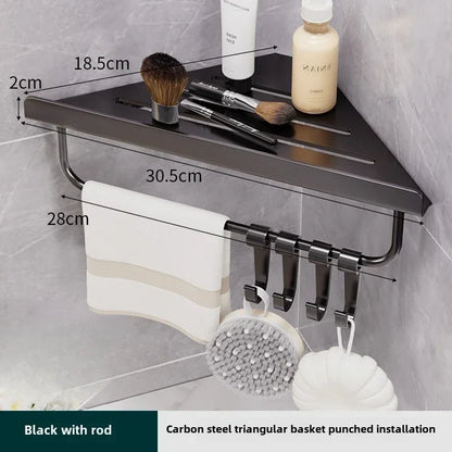 Bathroom Stainless Triangle Drain Shelf No Drilling Wall Mounted Cosmetic and Toiletries Carbon Steel Shelf with Hooks Holder