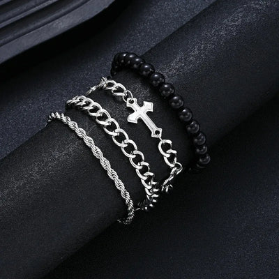 4 Pcs Stainless Steel Bracelet Set For Men Women Punk Fashion Cross Beads Chain Bracelets Simple Hip Hop Unisex Jewelry Gift New