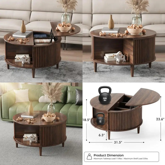 Round Coffee Table with Storage, Fluted Lift Top Coffee Table for Living Room, 31.5 Mid Century Modern Center Table with Sliding