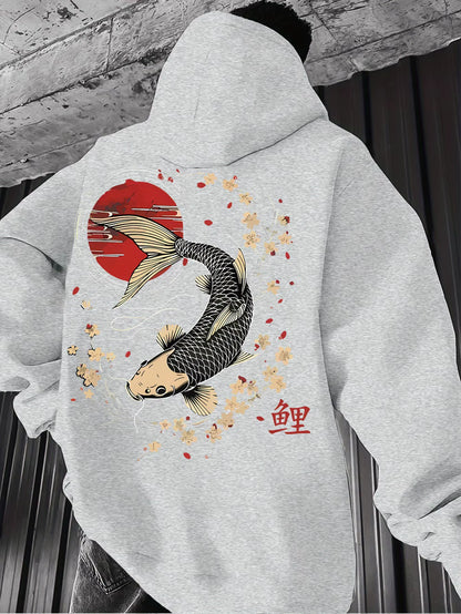 Harajuku Trendy Koi Print Fashionable Men'S Hoodie Autumn and Winter Casual Fashion Long-Sleeved Pullover